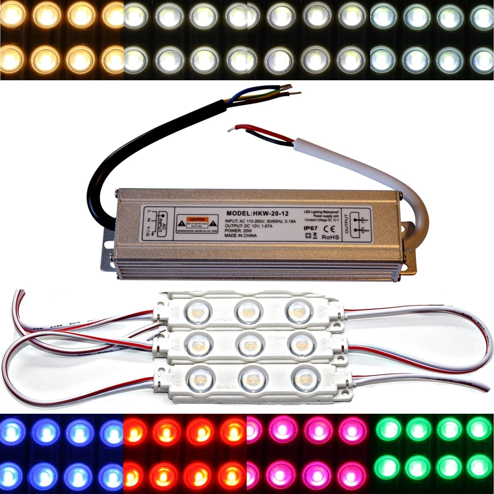 LED Module + Bloc Alimentation - 12V - 5730 SMD Puce Blanc Chaud Rouge Bleu - Photo 1/1