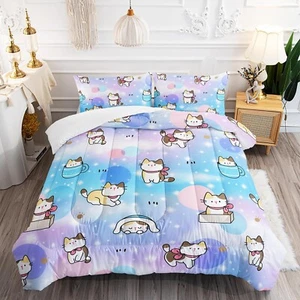 Kids Cute Cat Comforter Set Full Size 3Pcs Colorful Rainbow Glitter Star Bedd... - Picture 1 of 6