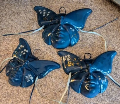 3 Vintage Butterfly Mask Wall Decor With Faces Unique Set 3 Sizes Blue Gold - Image 1 of 4