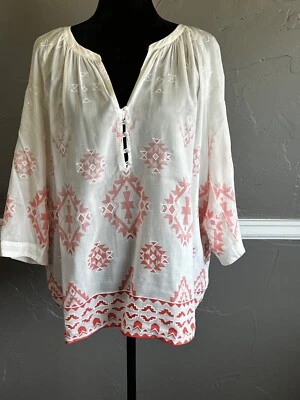 J Jill Love Women's Size L Cream & Peach Silk Blend Aztec Southwest Long Sleeve - Image 1 of 4