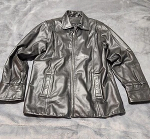 Men's Vtg JACQUELINE FERRAR Genuine Leather Zip Up Jacket Black Medium - Picture 1 of 7