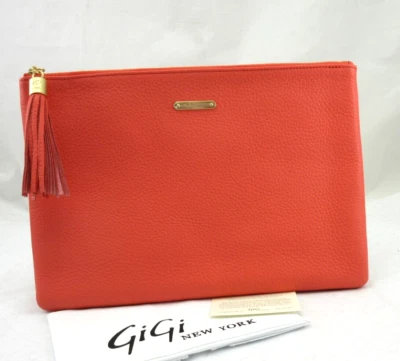 GiGi New York Uber Pebbled Leather Clutch NEW w Tassel Zip Top Salmon - Image 1 of 4
