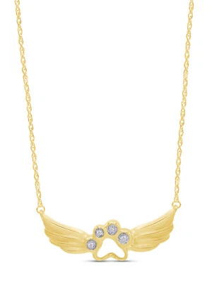 Collar Colgante Ala Estampado Pata de Perro Diamante Natural Corte Redondo Oro Amarillo 14K Foto 1 de 4