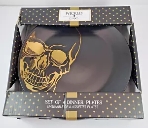 Halloween Wicked Plates Set of 4 Metallic Gold Skull on Matte Black 10"D Ciroa - Picture 1 of 5