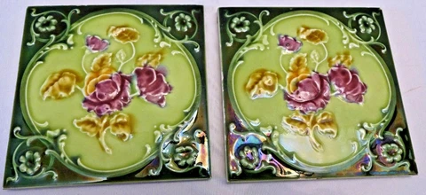 Antique English Tile Porcelain Majolica Art Nouveau Purple Flower Motif Rare# 55 Cover
