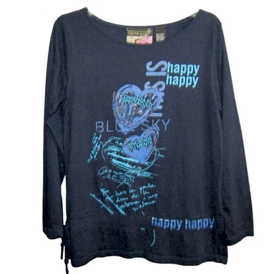 Top Desigual Happy Azul Marino Estampado Gráfico Talla US L Manga Larga Corbata Lateral Para Mujer Foto 1 de 4
