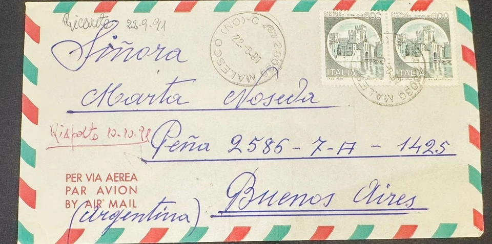 CM) 1991. ITALY. CASTLE WITH DRAWBRIDGE. COVER MAILED TO ARGENTINA. XF - Image 1 of 1