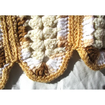 Handmade Crochet Blanket Throw Scalloped Edge Tan White Cream Afghan 44x28 - Image 1 of 2