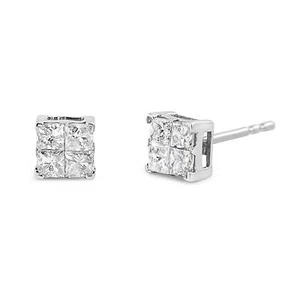1.00 Ctw Diamond Princess Cut 10k White Gold Square Shape Stud Earrings - Picture 1 of 7