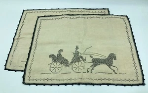2 Cross Stitched and Crocheted Horse and Buggy Placemats Black Ivory - Picture 1 of 4