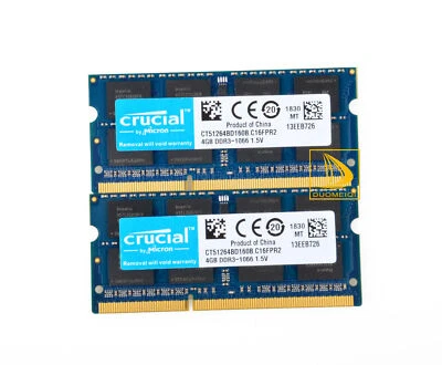 8GB Crucial 2x 4GB 2RX8 PC3-8500S DDR3 1066Mhz CL7 SODIMM Laptop Memory RAM " - Image 1 of 4