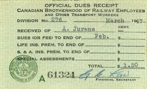 CANADIAN BROTHERHOOD OF RAILWAY EMPLOYEES Dues Receipt 1947 JURENS UNION - Picture 1 of 2