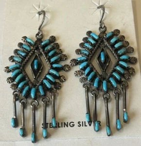 Vintage Signed Zuni Sterling Silver Turquoise Needlepoint French Wire Earrings  - Picture 1 of 7