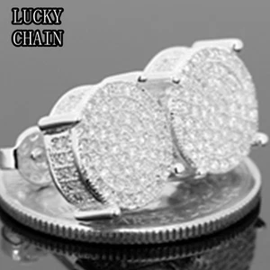 14K WHITE GOLD FINISH CZ PAVE STUD EARRING(WIDTH 12mm) - Picture 1 of 3