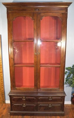 Large Walnut Victorian Two Door Bookcase Display cabinet with 4 drawers - Image 1 of 4