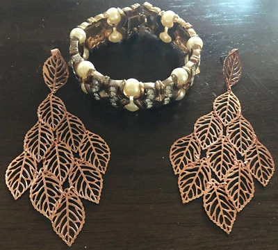 TOP-TIPP! Perlen-Armband mit Strass in Messing-Orange Ohrringe Gehänge Blätter - Bild 1 von 4