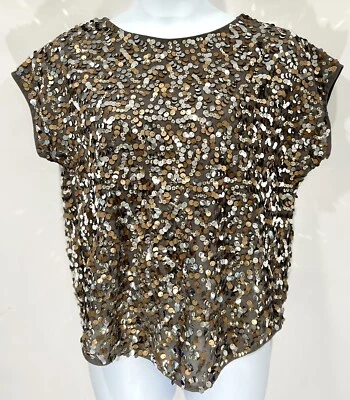 Lord & Taylor Taupe Sequin Short Sleeve Festive Top Sz: L MSRP $94 - Image 1 of 4