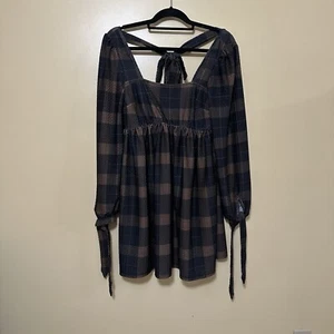 ASOS Maternity Brown Plaid Mini Dress Open Back Tie Detail Babydoll Women’s 4 - Picture 1 of 5