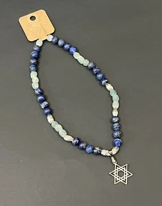 Handmade Jewish Star Of David Silver & Blue Beaded Elastic Chocker Necklace NEW - Picture 1 of 14