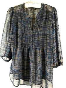 Nicole Miller NY Sheer Blouse size M 3/4 Sleeve V-Neck Brown w Blue Plaid - Picture 1 of 4