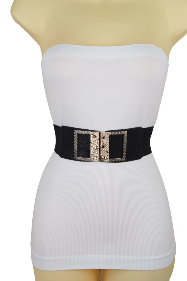 Women Black Elastic Casual Style Fashion Belt Gold Metal Skull Buckle Size S M - Image 1 of 4