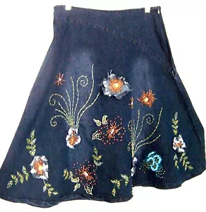 Talla XL - Falda de mezclilla Hong Sheng azul con cuentas y bordada línea A - Imagen 1 de 5