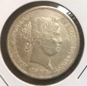 1859 Spagna Moneta d'Argento 20 Reales - Isabel II KM#609.1-coniata=880.000 - Foto 1 di 7