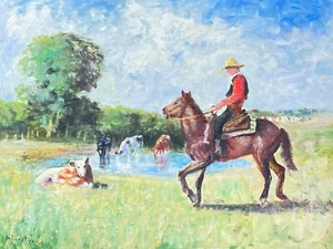 14X18 Original Western Art Oil Painting Listed Artist Nino Pippa The Pond COA - Picture 1 of 7