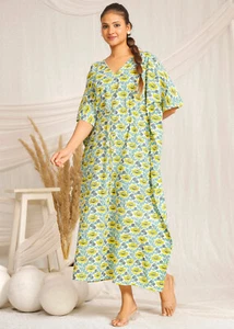 Green color printed 100% cotton kaftan, cotton kaftan, free size kaftan dress - Picture 1 of 8