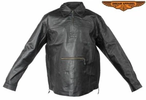 Men's Motorcycle Pullover Collared Leather Shirt with Lacing & Multiple Pockets - Picture 1 of 7