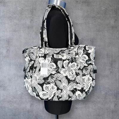 Vera Bradley Glenna Satchel Tote Bag Black White Floral Quilted Leather Trim - Image 1 of 4