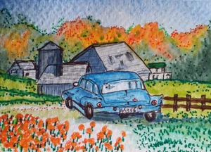 ACEO Original - Blue Car, Farm Land, Fall - Watercolor 2.5 x 3.5 Signed - Picture 1 of 4
