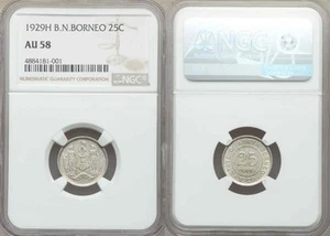 Rare 1929 British North Borneo Small Silver Coin 25 Cents Mint Mark H NGC AU 58 - Picture 1 of 3