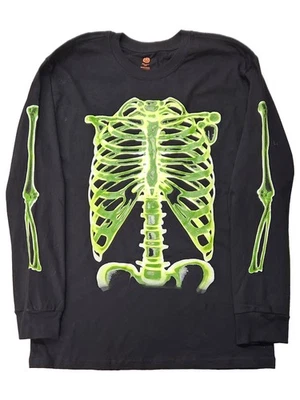 Boys Black Long Sleeve Halloween Green Skeleton T-Shirt Tee Shirt XXL (18) - Image 1 of 2