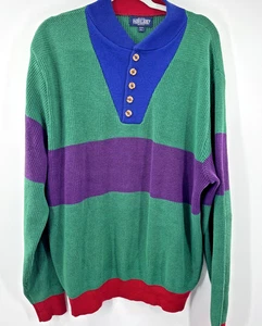 Vintage Lands End Color Block Pullover XL Knöpfe Henley USA Baumwolle grün 80er - Bild 1 von 12