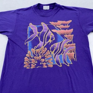 Vintage Tropical Fish Shirt Mens Small Purple Graphic Tee Made USA 90s Nature - Picture 1 of 6