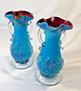 2 Vintage Stevens & Williams Ruffled Hand-Blown Applied Vase Turquoise/Red 6.5" - Picture 1 of 13