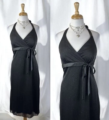 Vestido sin Mangas Negro Brillo Brillante Halter Y2K Fairycore Capricho Formal Glamour L Foto 1 de 4