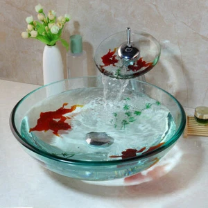 Round Goldfish Bathroom Clear Tempered Glass Vessel Sink Wash Basin Drain No Tap - Picture 1 of 6