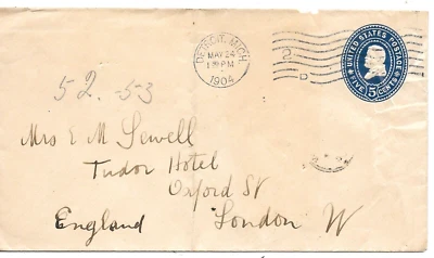 1904 - Detroit, Michigan  - Postmark on 5 cent Stamped Envelope - to London - Image 1 of 2