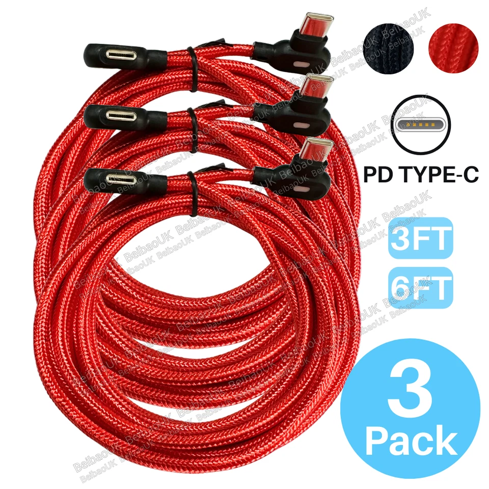 3-Pack 90 Degree 60W USB-C to USB-C PD Fast Charger Cable For Samsung iPhone 15 - Image 1 of 4