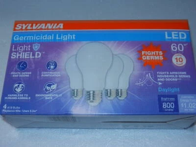 one new 4 pack Sylvania daylight Germicidal dimmable LED A19 Light Bulb 60W   - Image 1 of 4