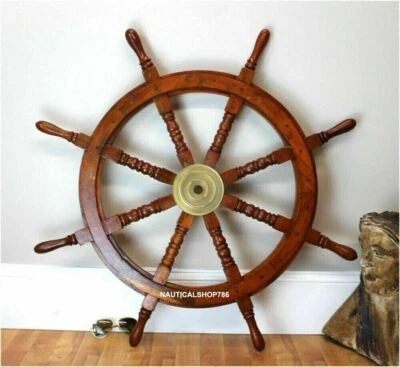 36'' Brass Nautical Big Ship Steering Wheel Wooden Antique Pirate Ship's Décor - Image 1 of 4