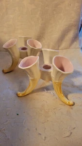 Rumrill 1940s Vintage Pottery Pink and Brown Triple Horn Bud Vase 2 sets - Picture 1 of 3