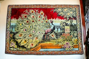 Peacock Pattern Vintage Wall Rug Rayon Tapestry 47" x 71" Vintage Wall hanging - Picture 1 of 20