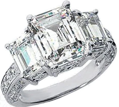 5.58 carat total 3 Emerald & Round cut Diamond Engagement 14k White Gold Ring - Image 1 of 2