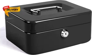 Locking Medium Steel Cash Box with Money Tray Lock Box Black Easy To Use - Picture 1 of 8