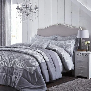 Damask Jacquard Duvet Cover Silver Grey Glamorous Luxury Bedding Set - Picture 1 of 8