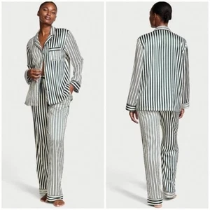 NWT Victorias Secret Satin Pajama Set Long Sleeve Button Top Pants Green Stripe - Picture 1 of 8