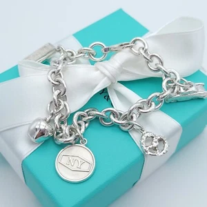 Tiffany & Co. Sterling Silver NY Apple Taxi Pretzel 5th Ave Charm Bracelet 7" In - Picture 1 of 16